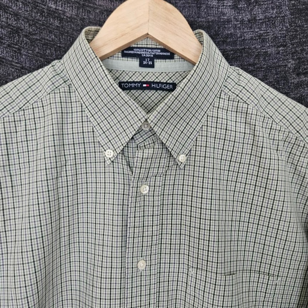 Vtg Tommy Hilfiger Button Down Shirt Mens 16 34/35 Plaid Long Sleeve Green XL